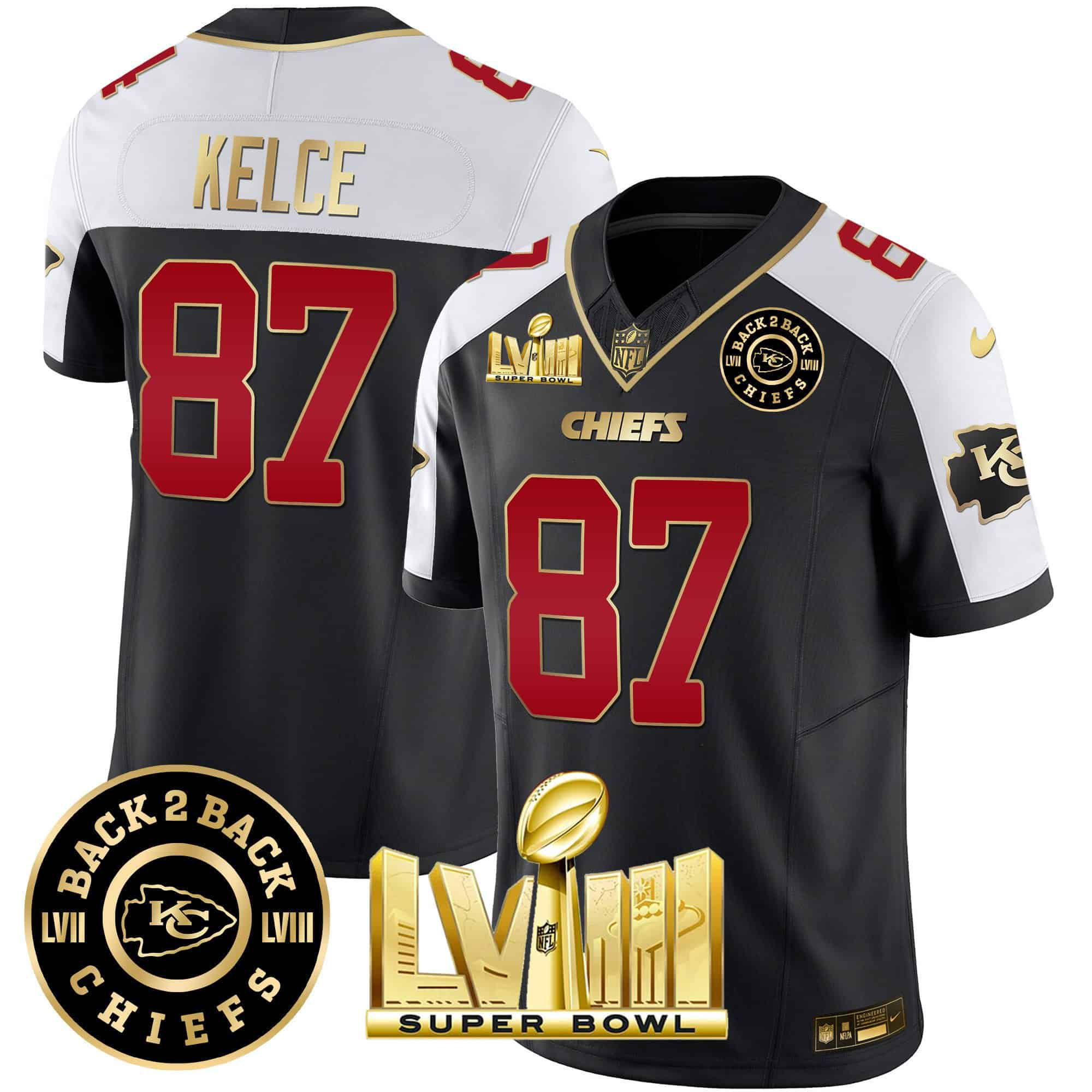 Men Kansas City Chiefs #87 Kelce Black 2024 Nike Super Bowl LVIII & Back-2-Back Patch Vapor NFL Jersey